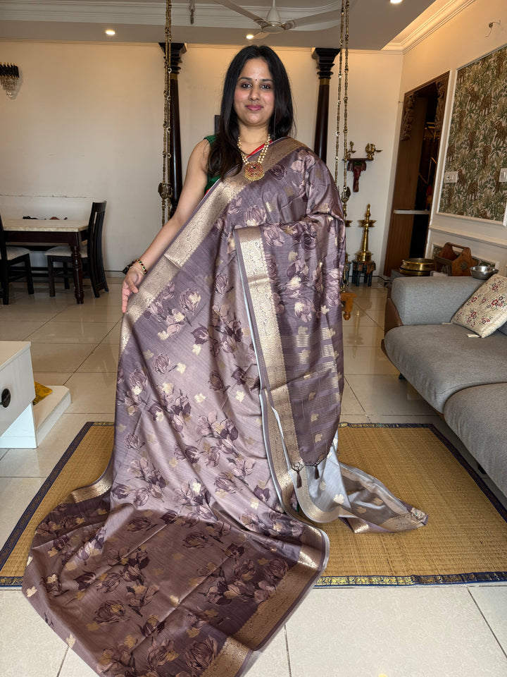Grey with Floral Print and Body Butta Semi Soft Silk Saree