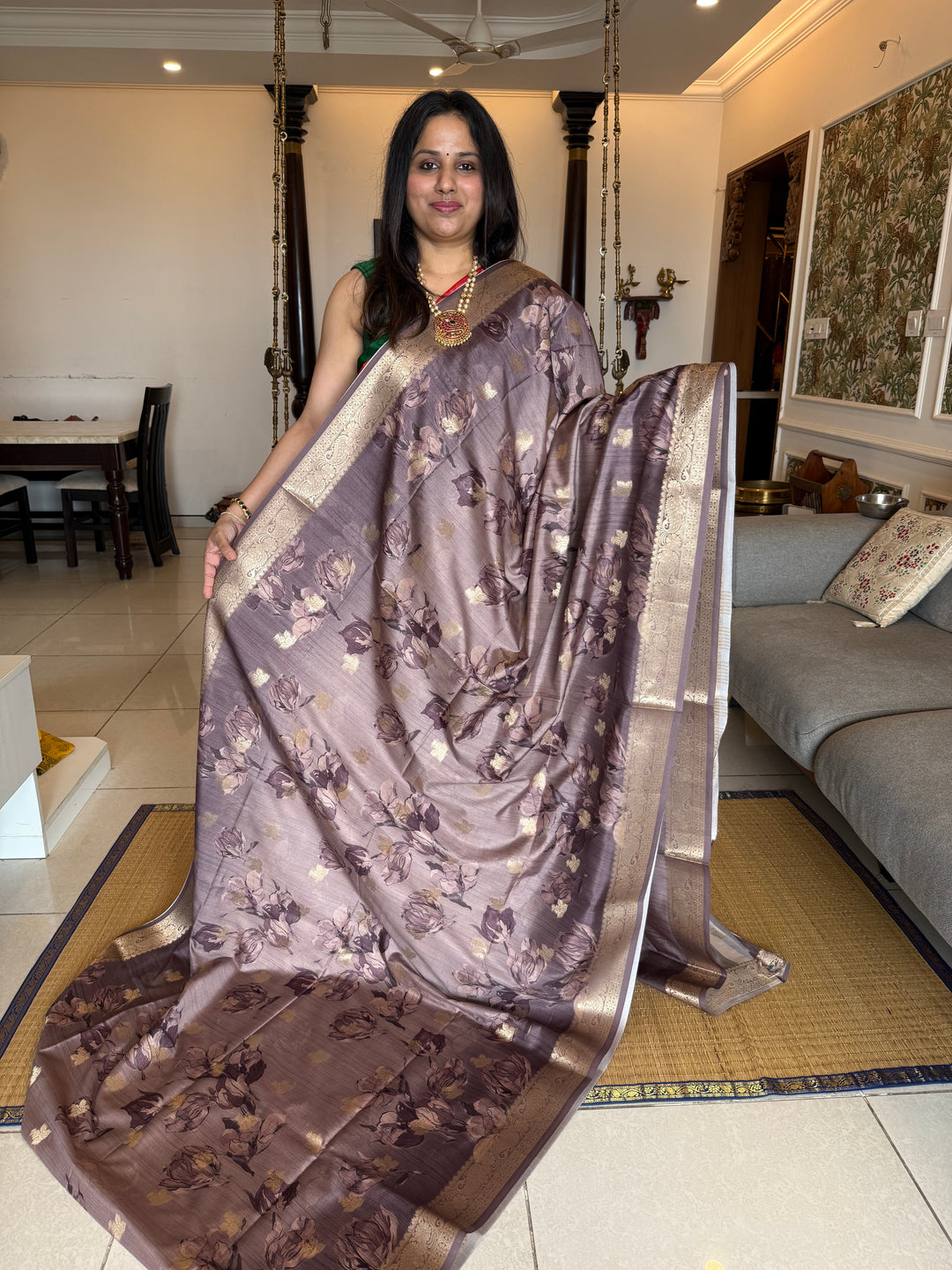 Grey with Floral Print and Body Butta Semi Soft Silk Saree