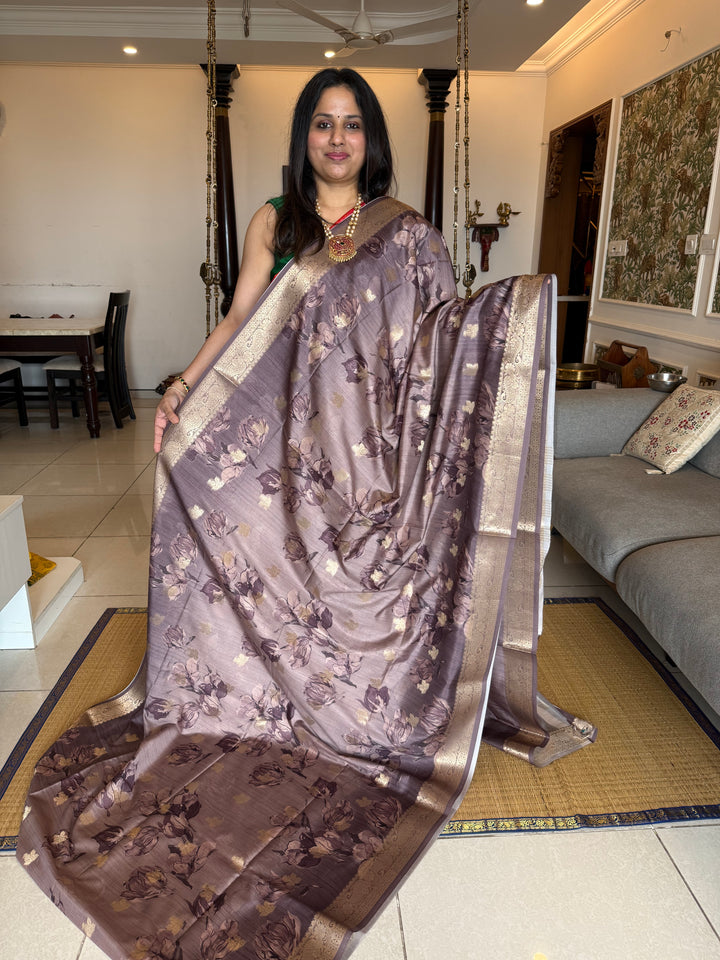 Grey with Floral Print and Body Butta Semi Soft Silk Saree