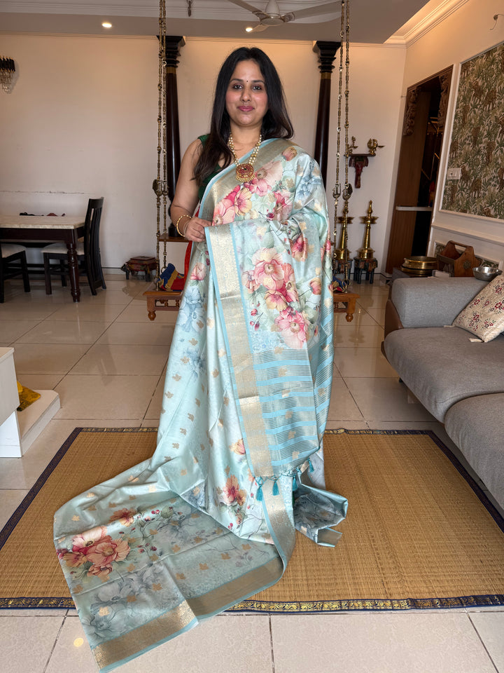 Blue with Floral Print and Body Butta Semi Soft Silk Saree