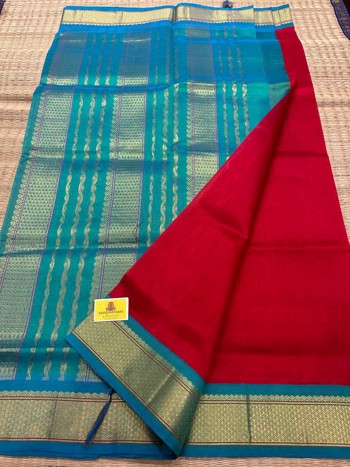 Red with Turquoise Blue Korvai Silk Cotton Saree