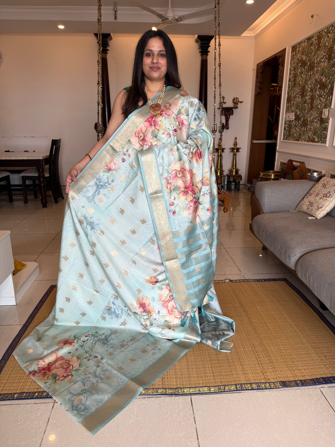 Blue with Floral Print and Body Butta Semi Soft Silk Saree