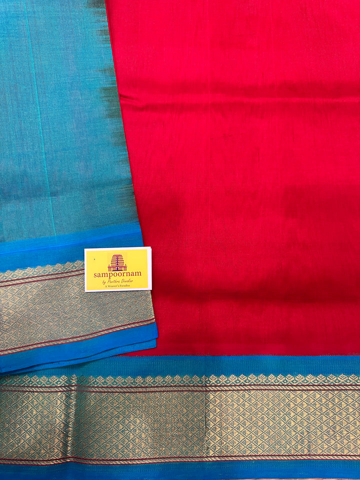 Red with Turquoise Blue Korvai Silk Cotton Saree