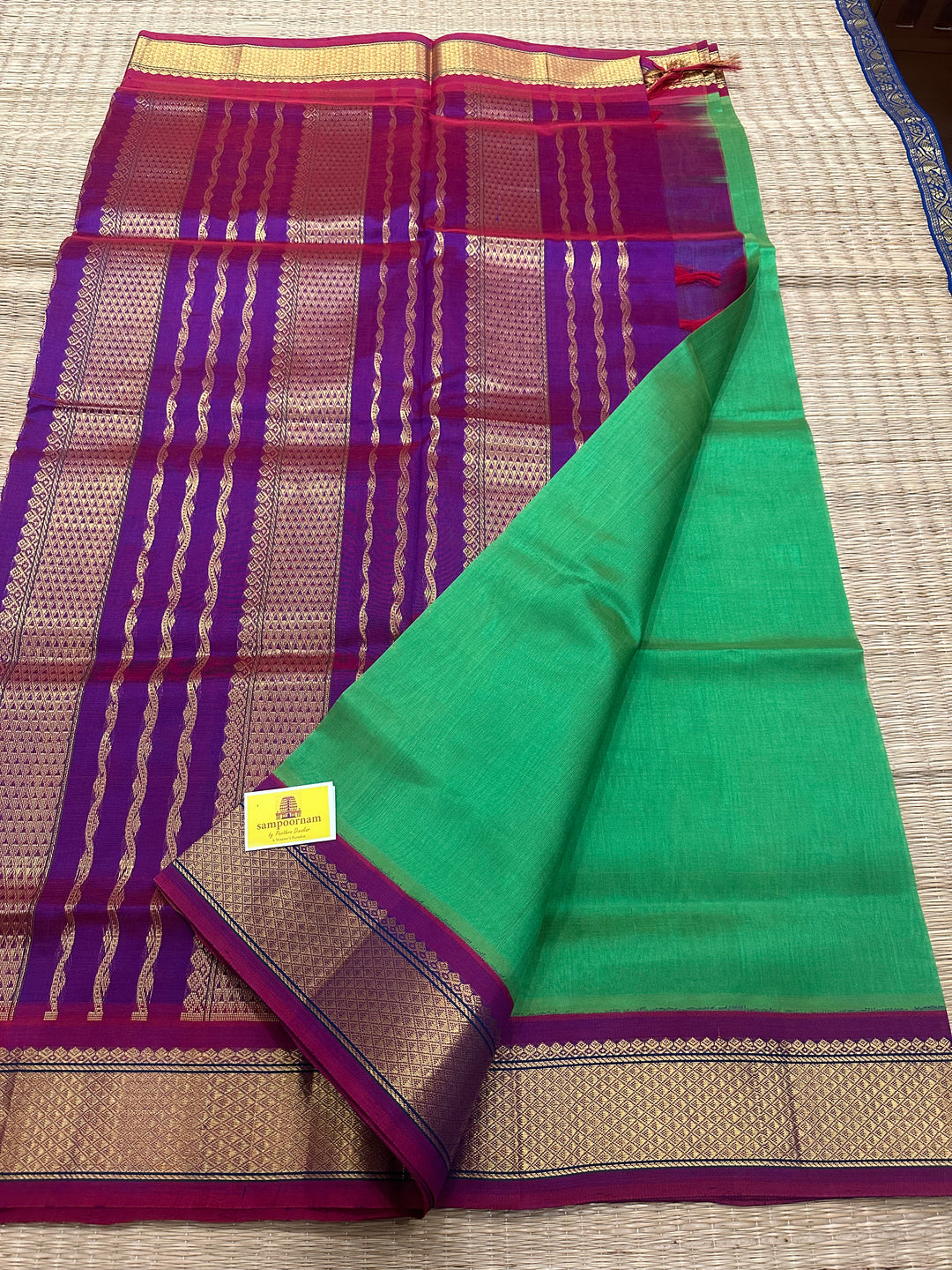 Green with Purple Korvai Silk Cotton Saree