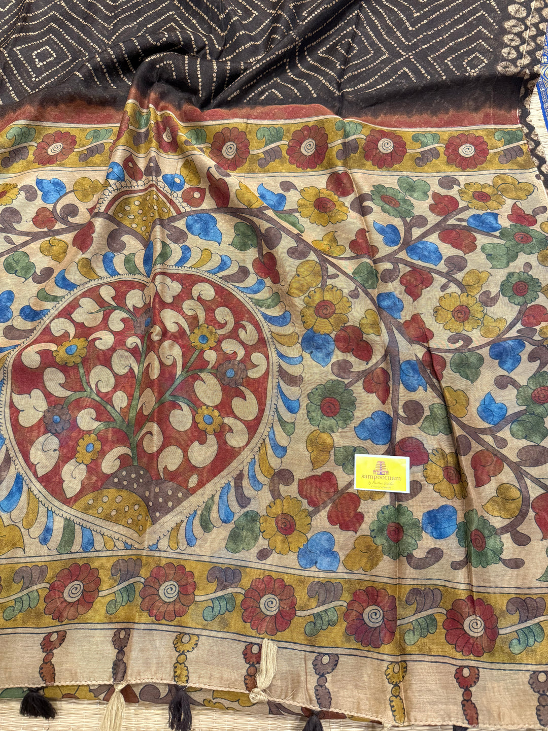 Brown with Cream , Bandini print in thebody , Kalamkari Pallu and Body Soft Cotton Saree