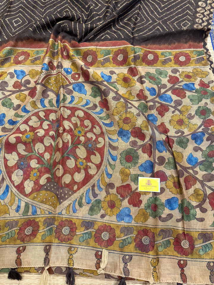 Brown with Cream , Bandini print in thebody , Kalamkari Pallu and Body Soft Cotton Saree