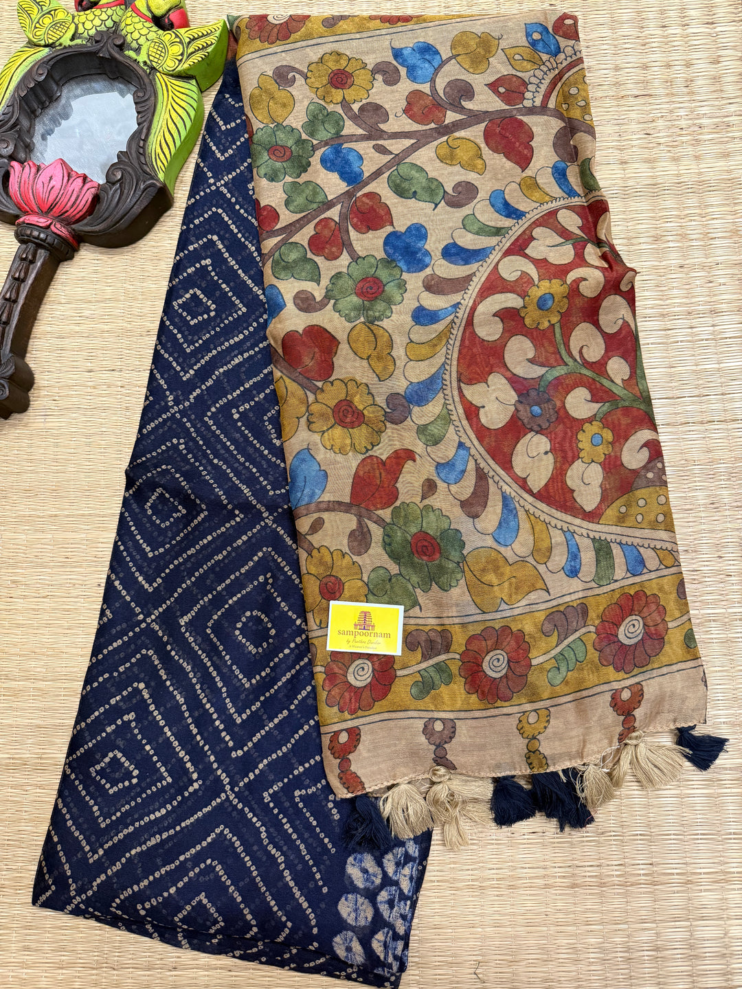 Dark Blue with Cream , Bandini  print in the body , Kalamkari Pallu and Body Soft Cotton Saree