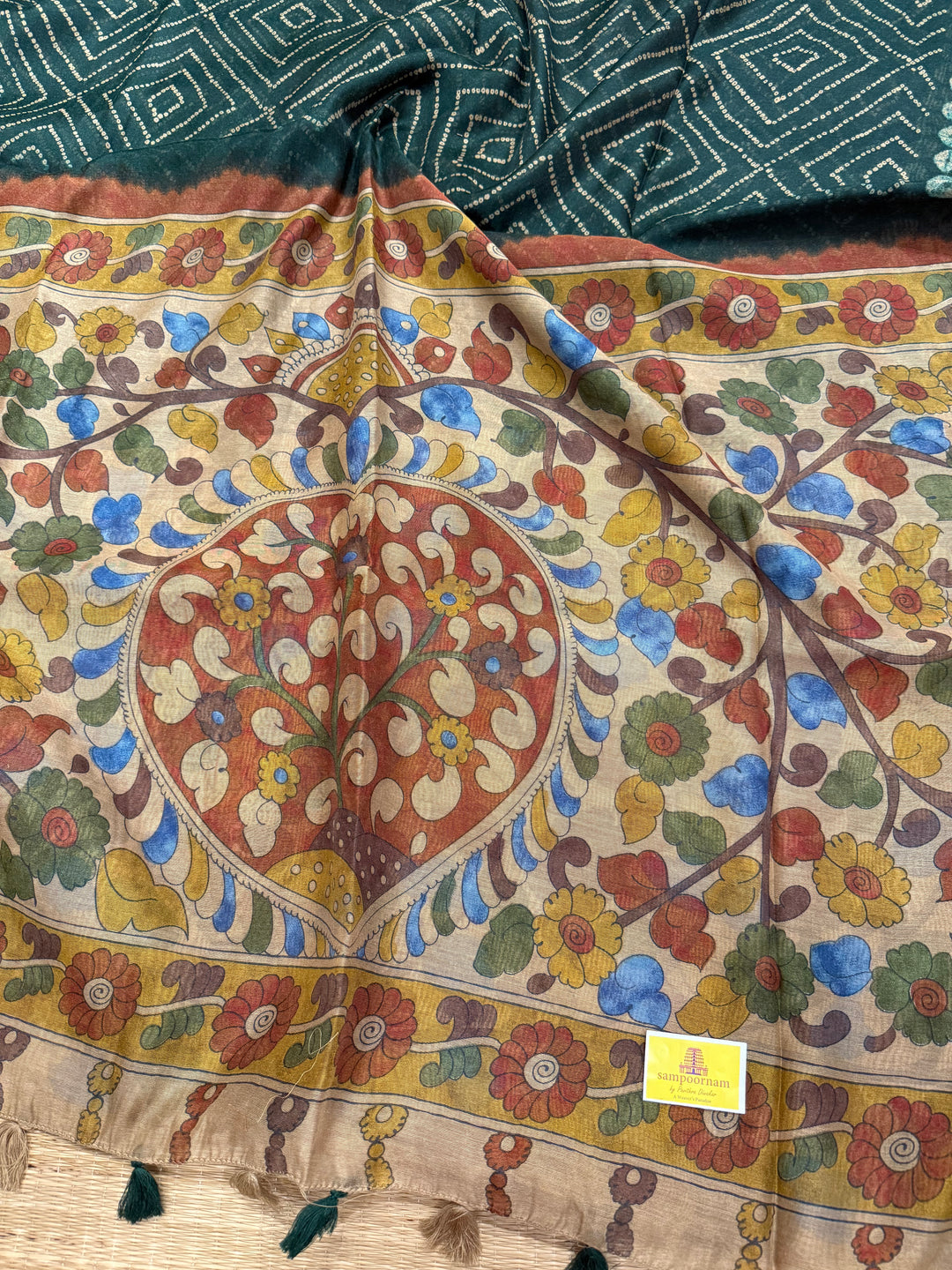 Green with Cream , Bandini print in the body , Kalamkari Pallu and Body Soft Cotton Saree
