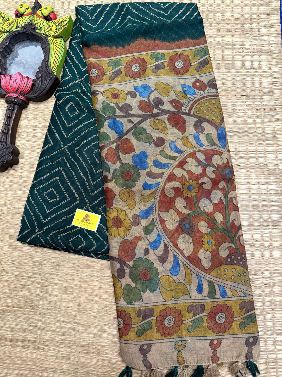 Green with Cream , Bandini print in the body , Kalamkari Pallu and Body Soft Cotton Saree