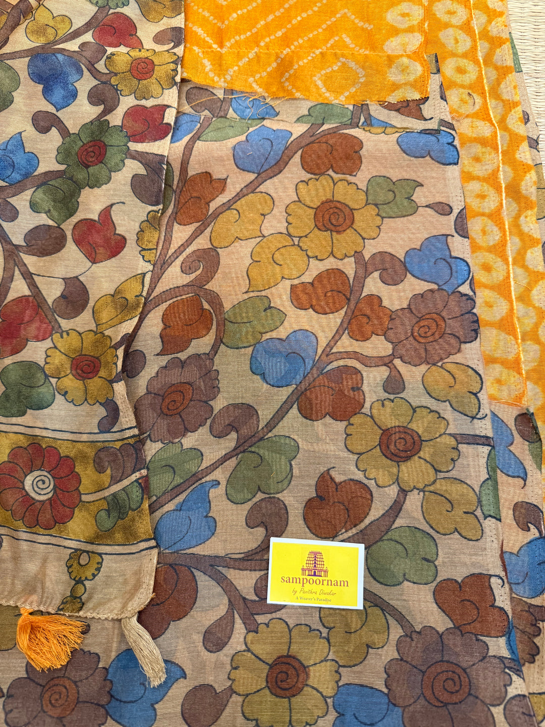 Orange with Cream , Bandini print in the body , Kalamkari Pallu and Body Soft Cotton Saree
