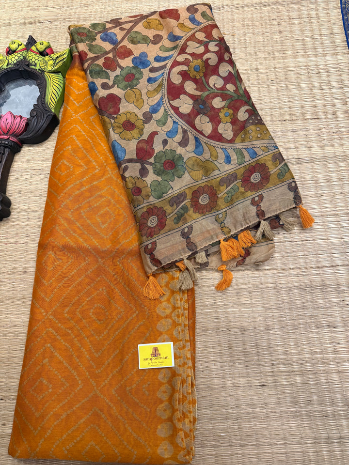 Orange with Cream , Bandini print in the body , Kalamkari Pallu and Body Soft Cotton Saree