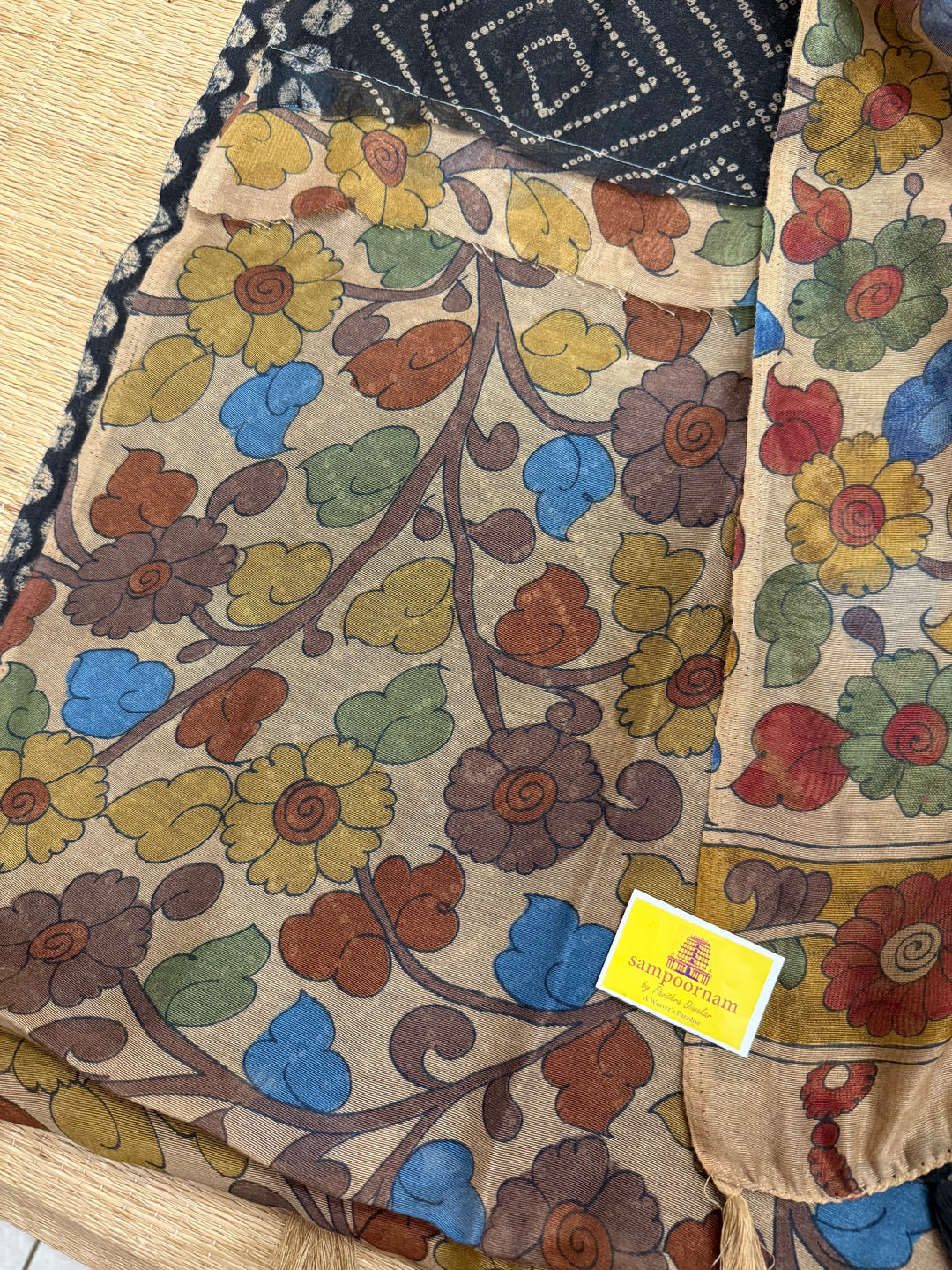 Black with Cream , Bandini print in the body , Kalamkari Pallu and Body Soft Cotton Saree