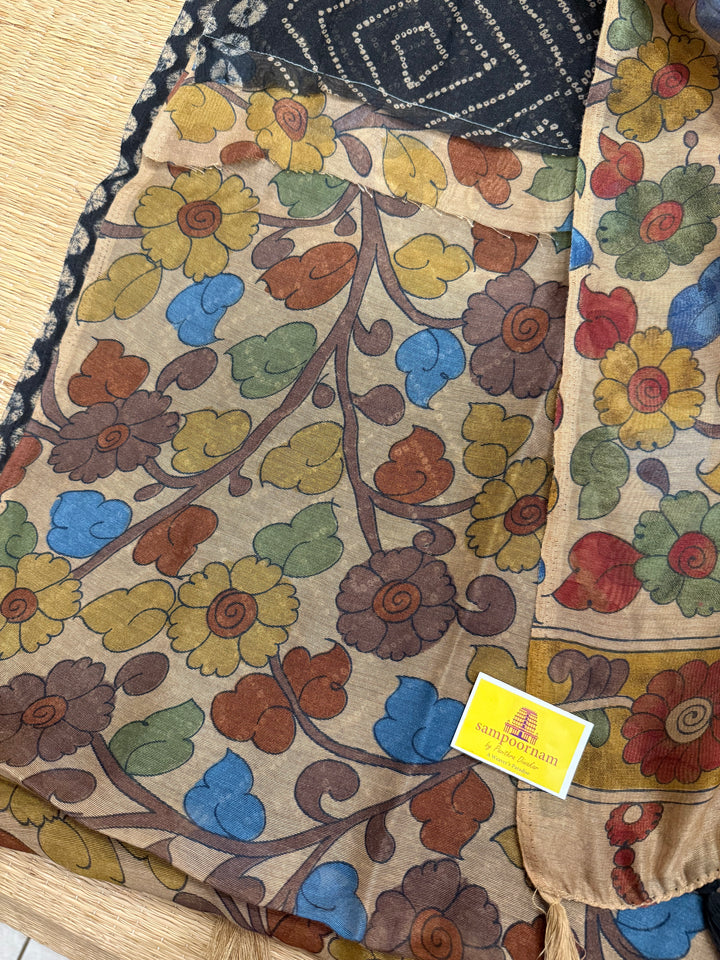 Black with Cream , Bandini print in the body , Kalamkari Pallu and Body Soft Cotton Saree