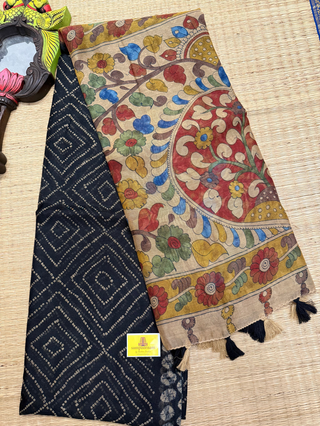 Black with Cream , Bandini print in the body , Kalamkari Pallu and Body Soft Cotton Saree