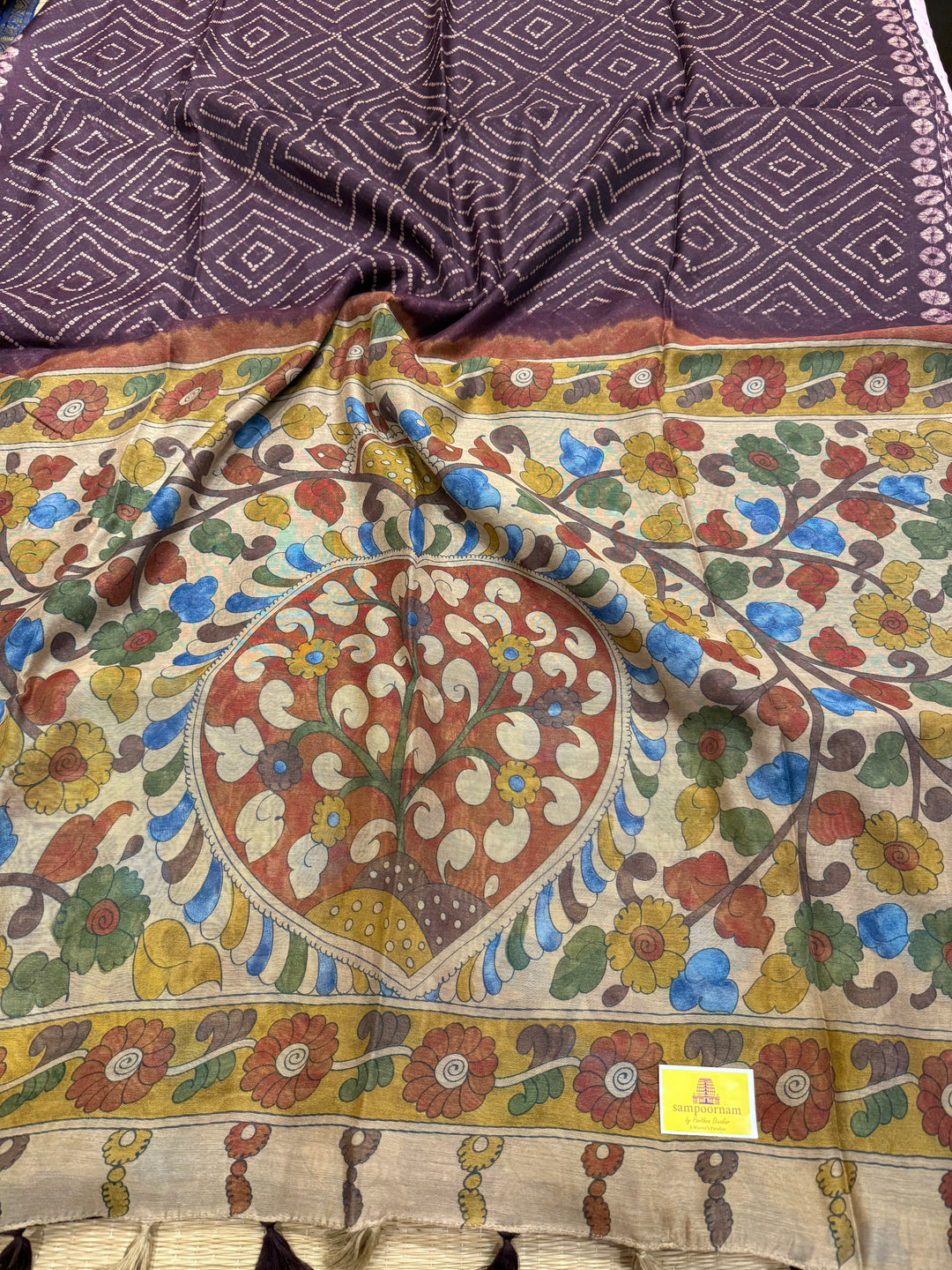 Wine with Cream , Bandini print in the body , Kalamkari Pallu and Body Soft Cotton Saree