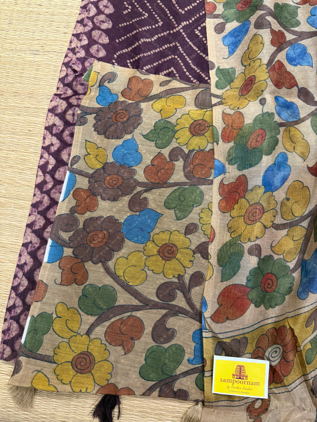 Wine with Cream , Bandini print in the body , Kalamkari Pallu and Body Soft Cotton Saree