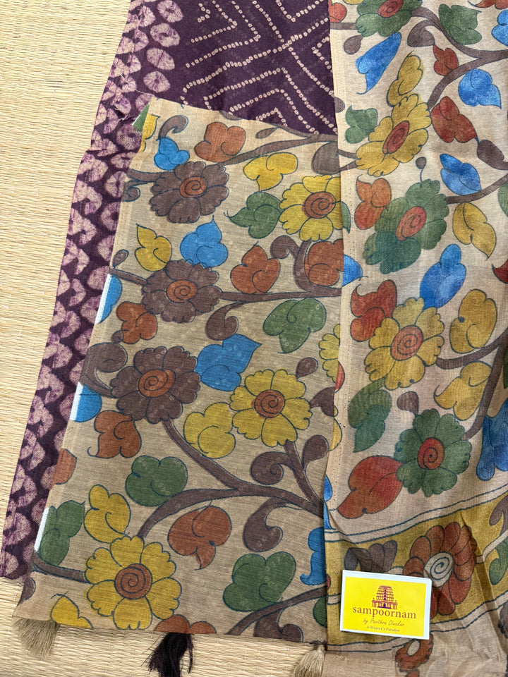 Wine with Cream , Bandini print in the body , Kalamkari Pallu and Body Soft Cotton Saree