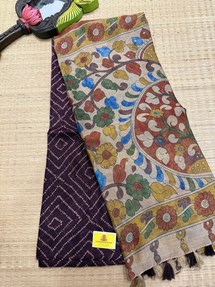 Wine with Cream , Bandini print in the body , Kalamkari Pallu and Body Soft Cotton Saree