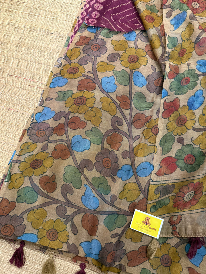 Magenta with Cream , Bandini print in the body , Kalamkari Pallu and Body Soft Cotton Saree