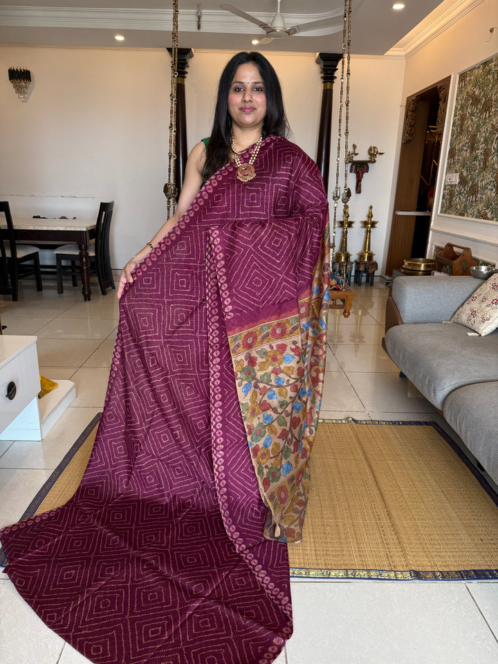 Magenta with Cream , Bandini print in the body , Kalamkari Pallu and Body Soft Cotton Saree