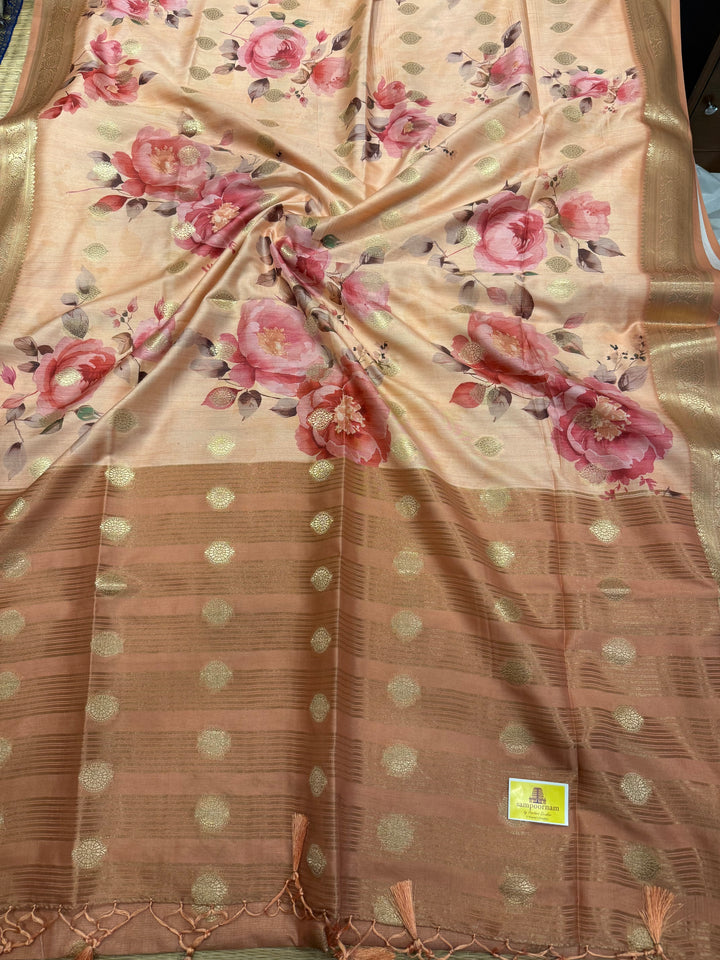 Peach  with Floral Print and Body Butta Semi Soft Silk Saree