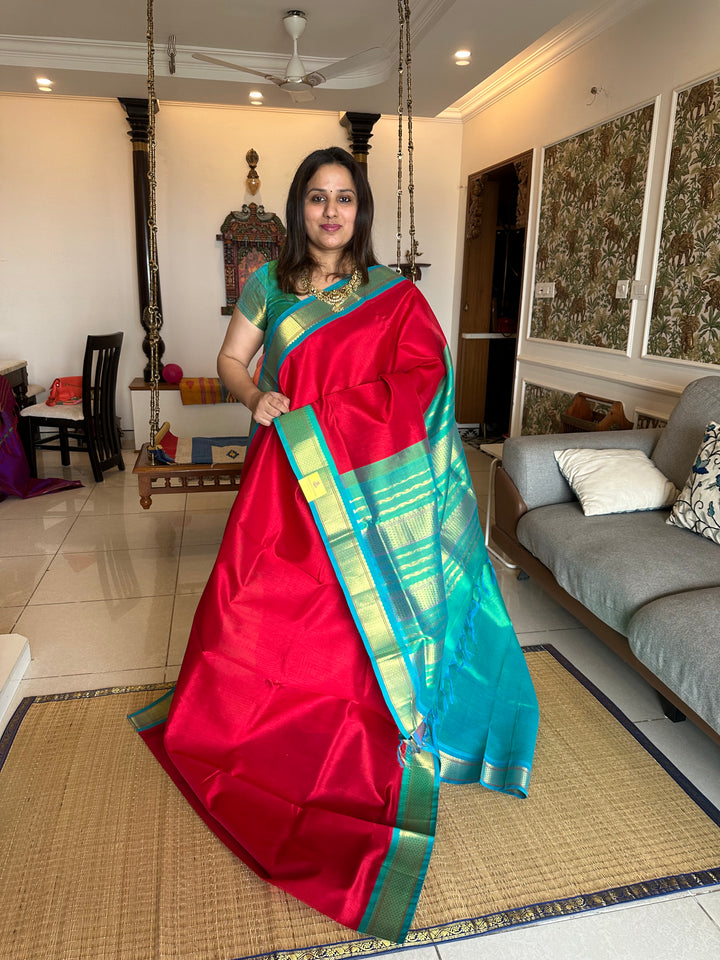 Red with Turquoise Blue Korvai Silk Cotton Saree