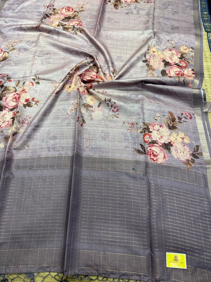 Lavendar with Floral Prints and Body Checks Semi Soft Silk Saree