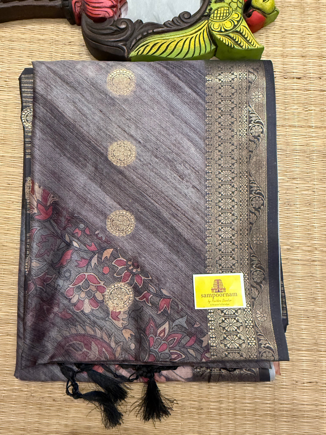 Grey with Floral Print and Body Butta Semi Soft Silk Saree
