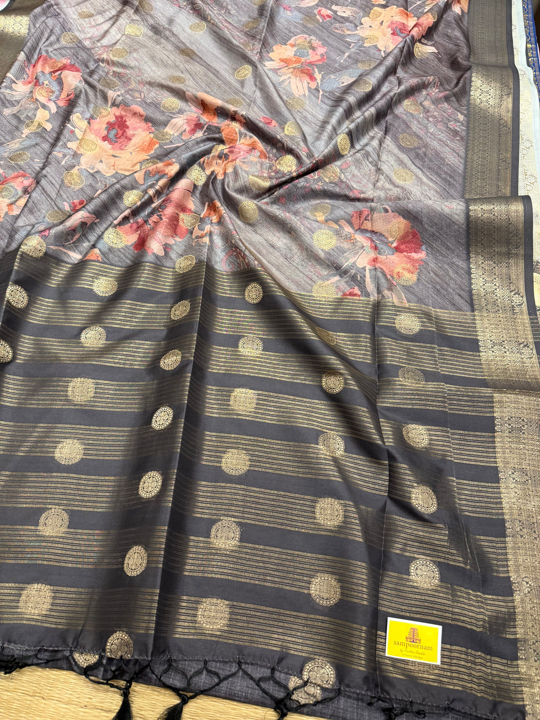 Grey with Floral Print and Body Butta Semi Soft Silk Saree