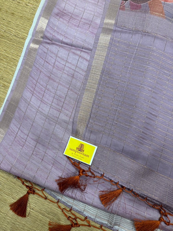 Lavendar with Floral Prints and Body Checks Semi Soft Silk Saree