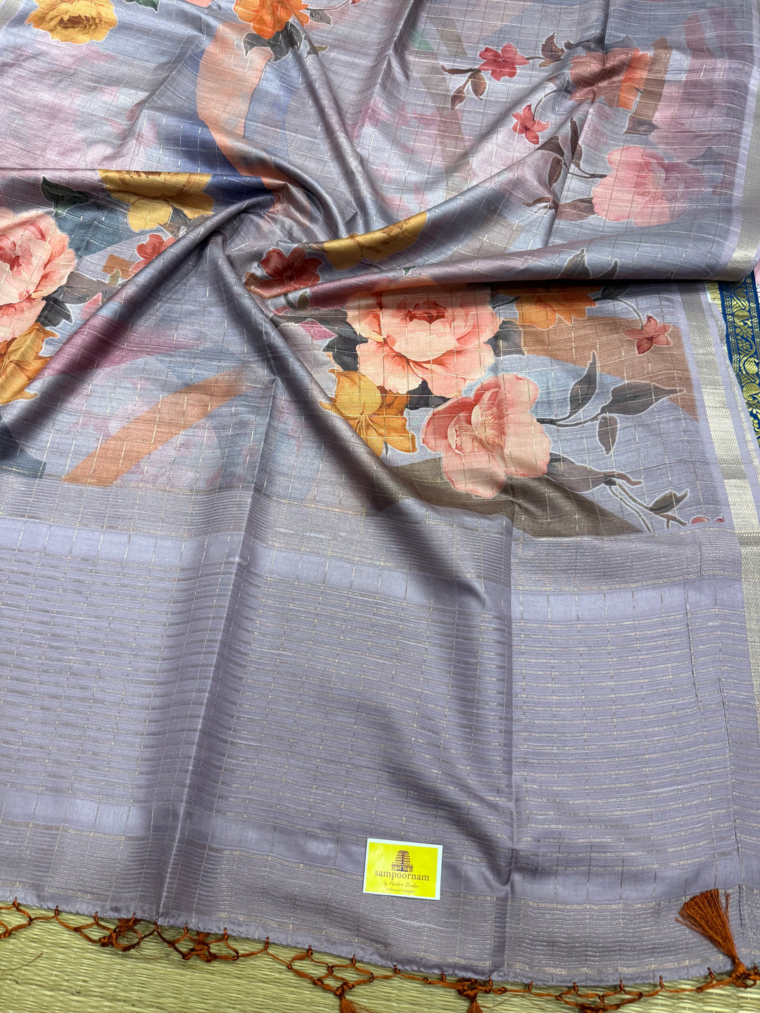 Lavendar with Floral Prints and Body Checks Semi Soft Silk Saree