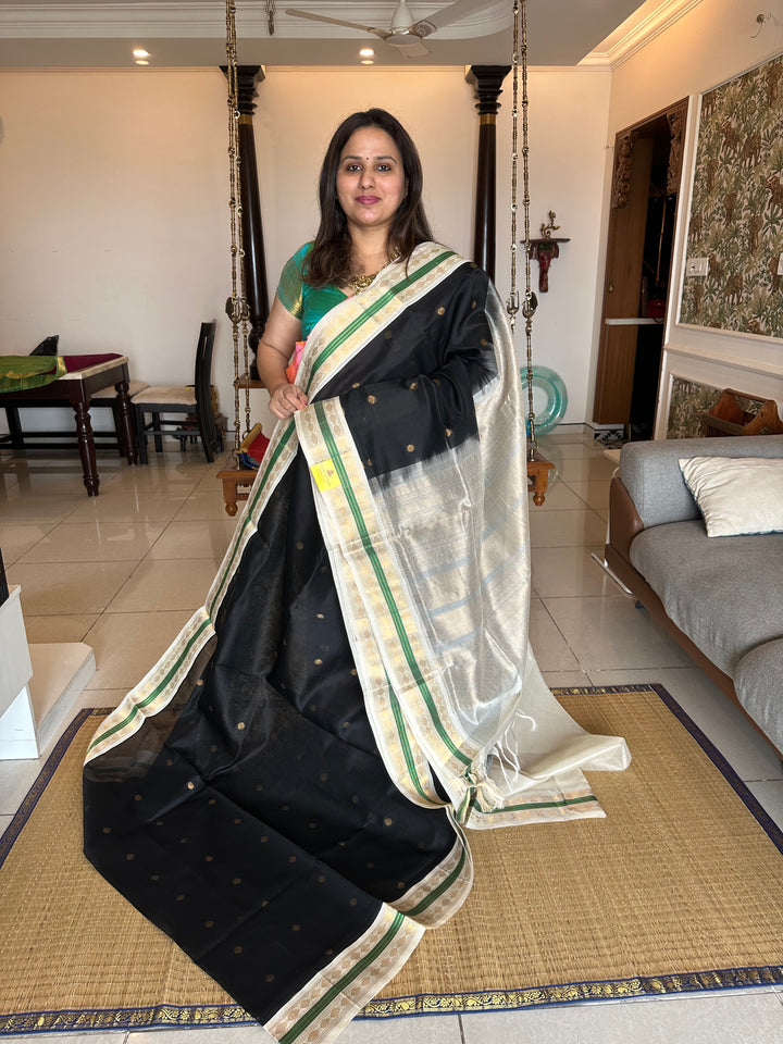 Black with White Body Butta Korvai Silk Cotton Saree