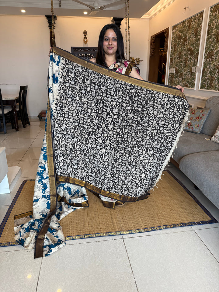 Blue with Black , Kalamkari print in the body , Pallu and Blouse Semi Maheswari Silk Saree