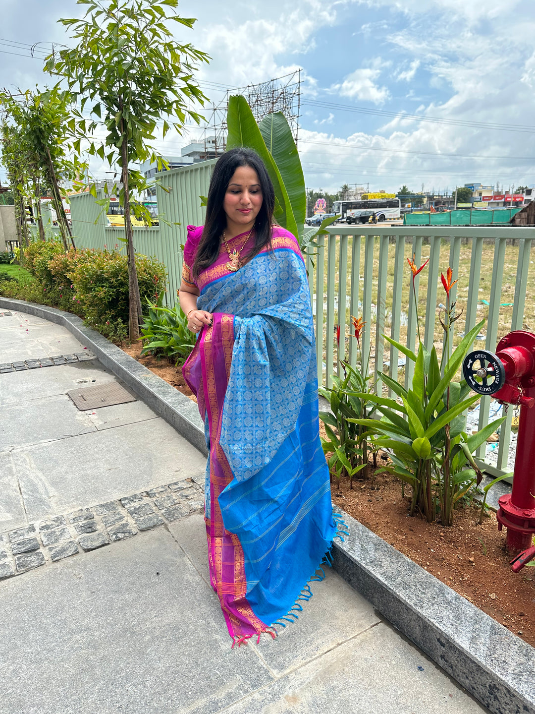 Light Blue with Dark Magenta , Annam and Chakram Butta in the body and plain Pallu Chettinad Cotton Saree