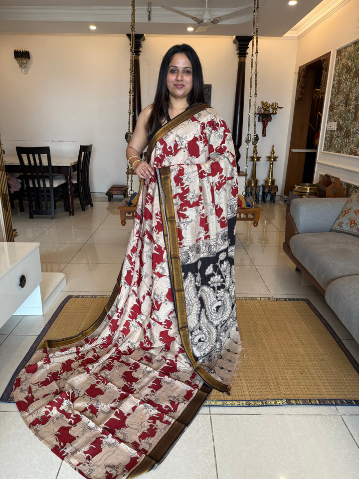 Red with Black , Kalamkari print in the body , Pallu and Blouse Semi Maheswari Silk Saree