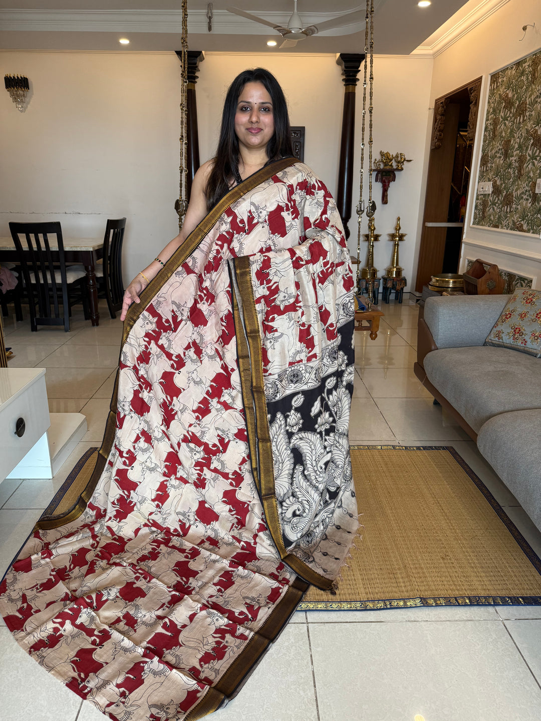 Red with Black , Kalamkari print in the body , Pallu and Blouse Semi Maheswari Silk Saree
