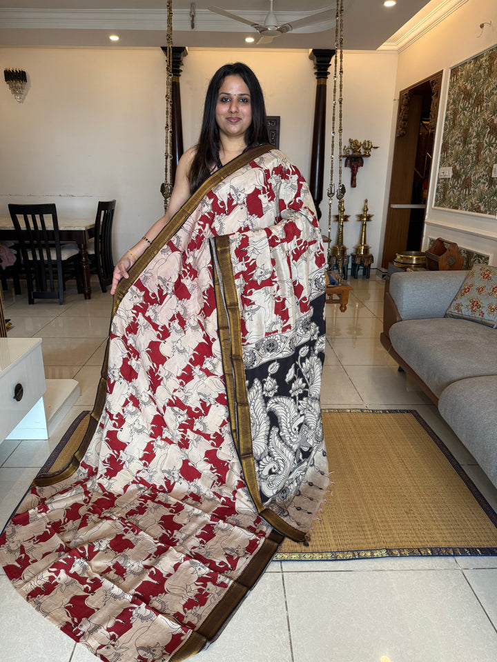 Red with Black , Kalamkari print in the body , Pallu and Blouse Semi Maheswari Silk Saree