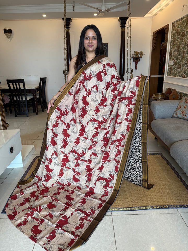 Red with Black , Kalamkari print in the body , Pallu and Blouse Semi Maheswari Silk Saree