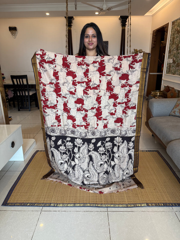 Red with Black , Kalamkari print in the body , Pallu and Blouse Semi Maheswari Silk Saree