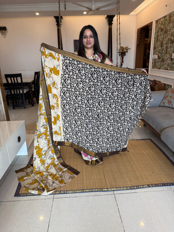 Mustard with Black , Kalamkari print in the body , Pallu and Blouse Semi Maheswari Silk Saree