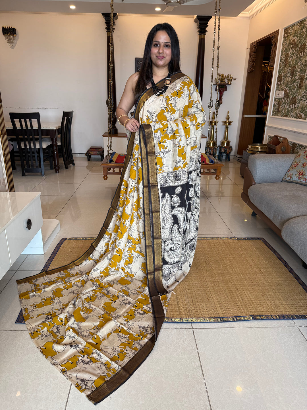 Mustard with Black , Kalamkari print in the body , Pallu and Blouse Semi Maheswari Silk Saree