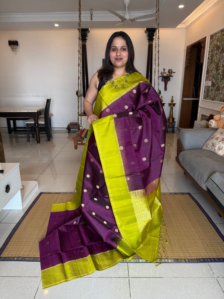 Brinjal Purple with Lemon Green, Rich Coin Zari Butta in The Body Pure Soft Silk Saree