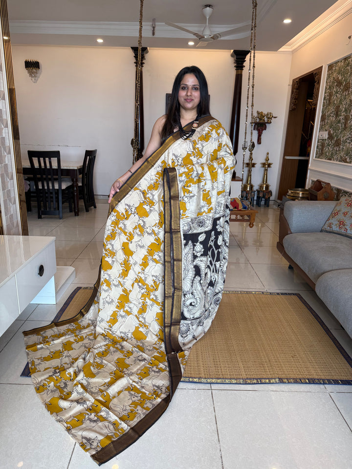 Mustard with Black , Kalamkari print in the body , Pallu and Blouse Semi Maheswari Silk Saree