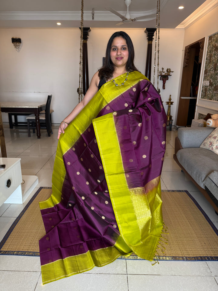 Brinjal Purple with Lemon Green, Rich Coin Zari Butta in The Body Pure Soft Silk Saree