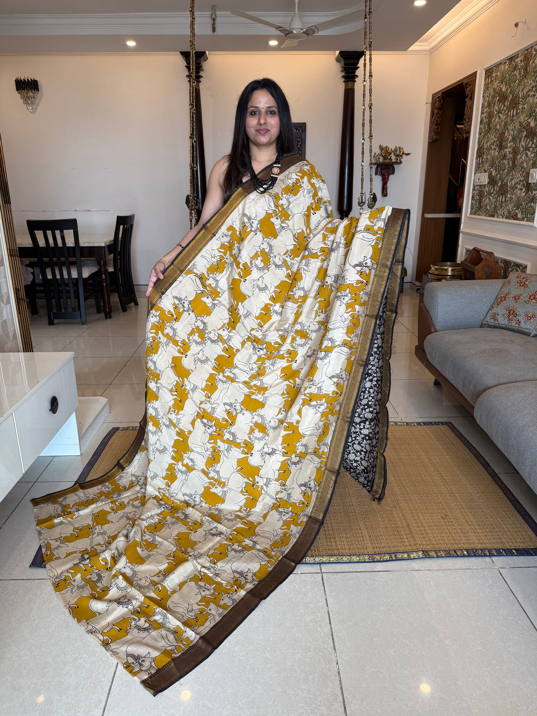 Mustard with Black , Kalamkari print in the body , Pallu and Blouse Semi Maheswari Silk Saree