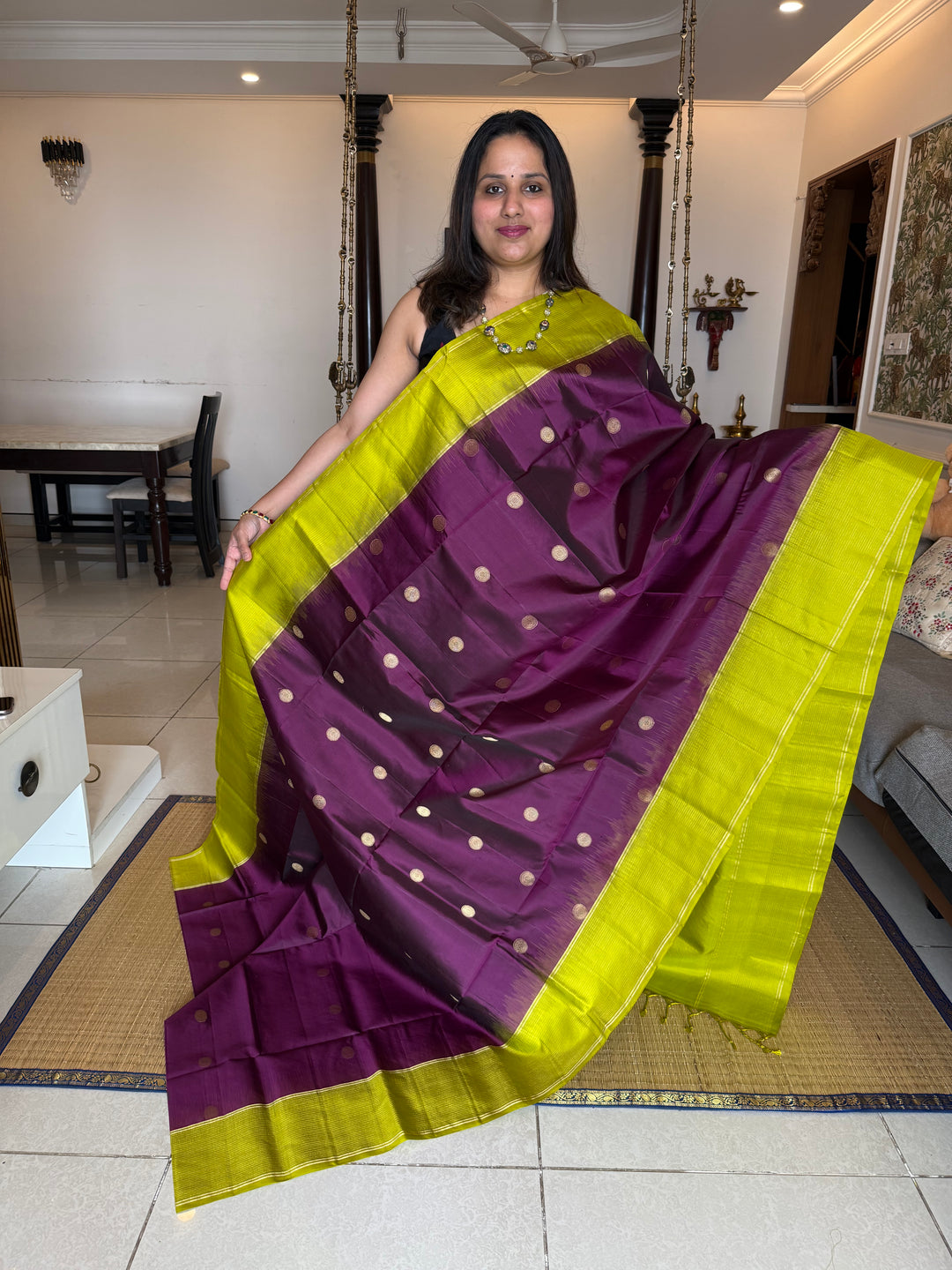 Brinjal Purple with Lemon Green, Rich Coin Zari Butta in The Body Pure Soft Silk Saree