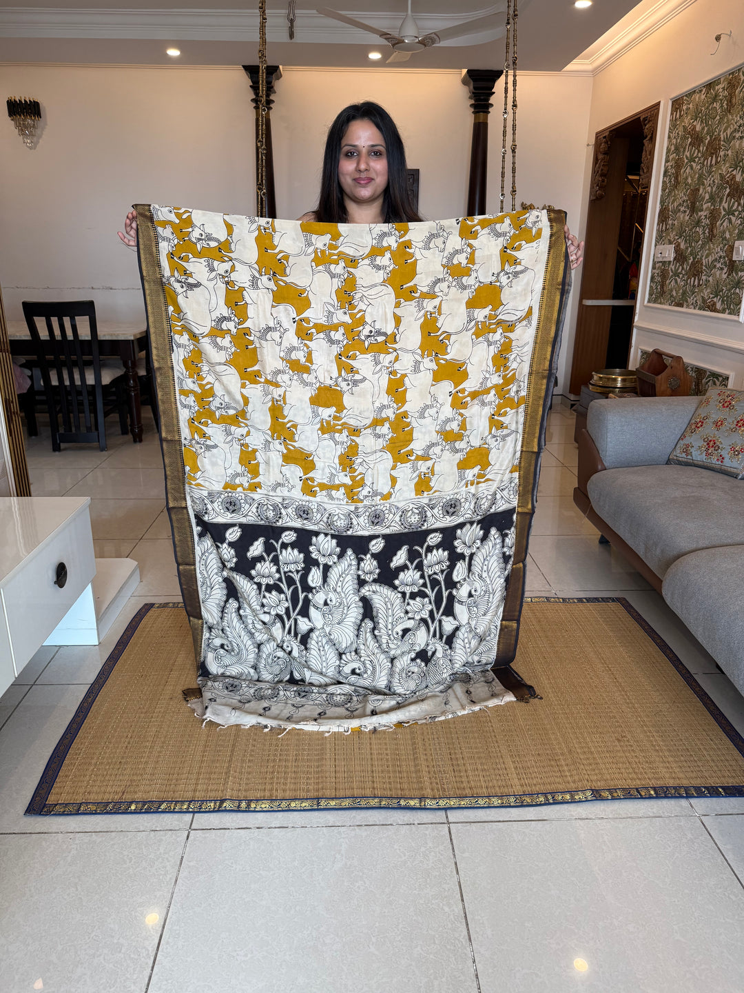Mustard with Black , Kalamkari print in the body , Pallu and Blouse Semi Maheswari Silk Saree