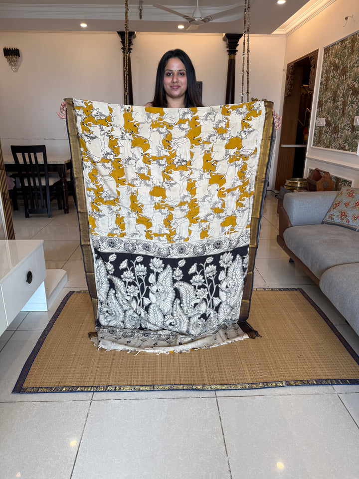 Mustard with Black , Kalamkari print in the body , Pallu and Blouse Semi Maheswari Silk Saree