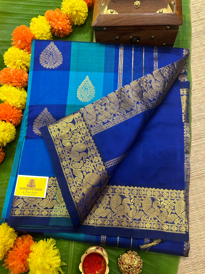 Blue,Greenish Blue And Light Blue with Rich Zari Butta Pallum Pazham Kattam Saree