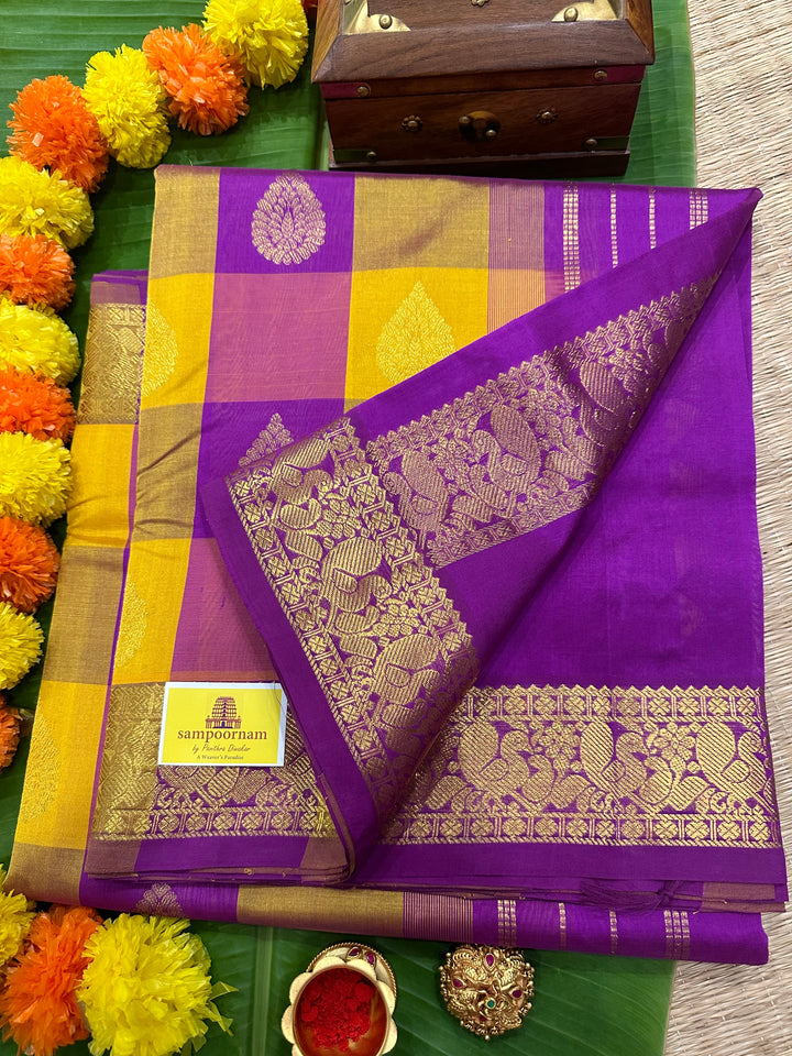 Manjal with Purple Rich Zari Butta Pallum Pazham Kattam Saree